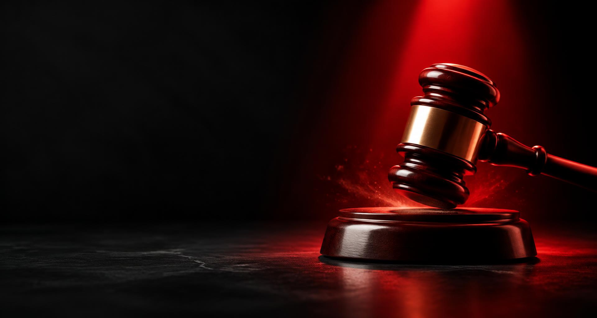 Auction gavel striking under a red spotlight